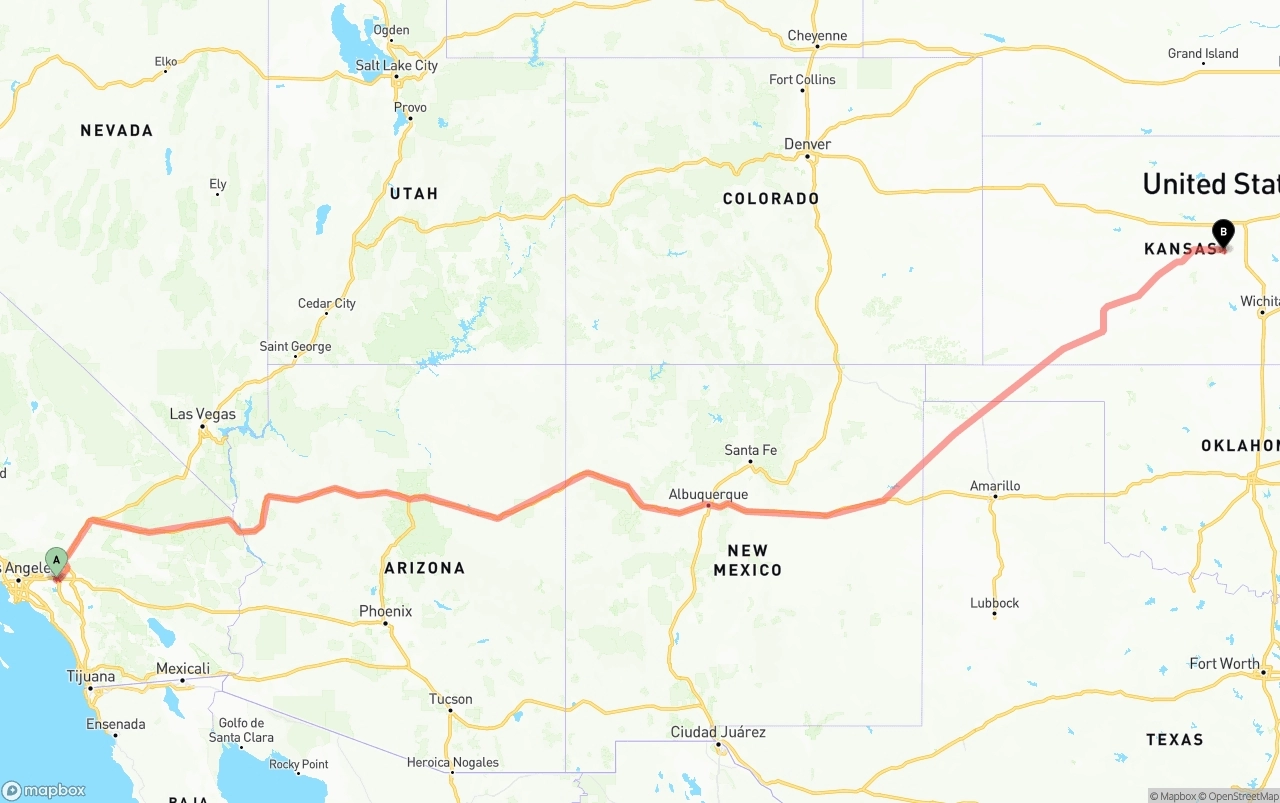 Shipping route from Ontario International Airport to Kansas