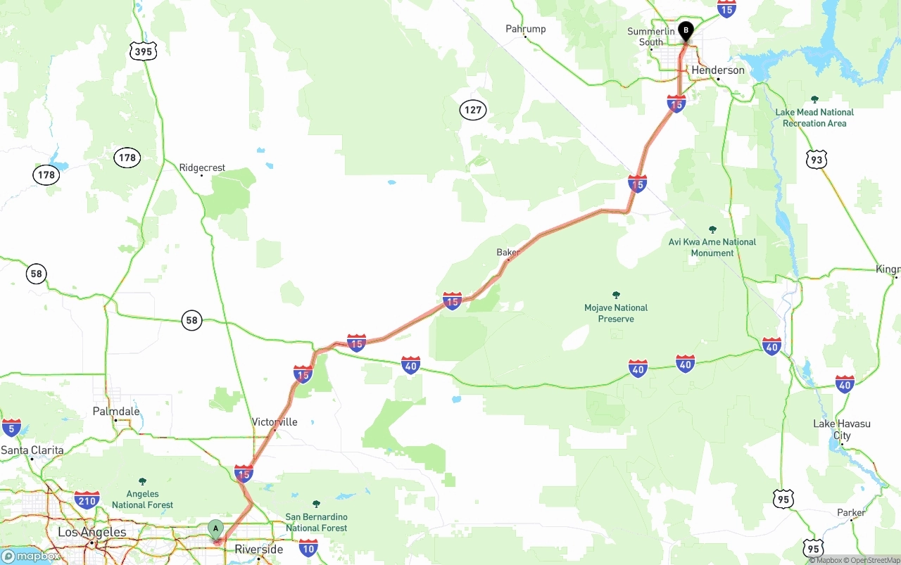 Shipping route from Ontario International Airport to Las Vegas