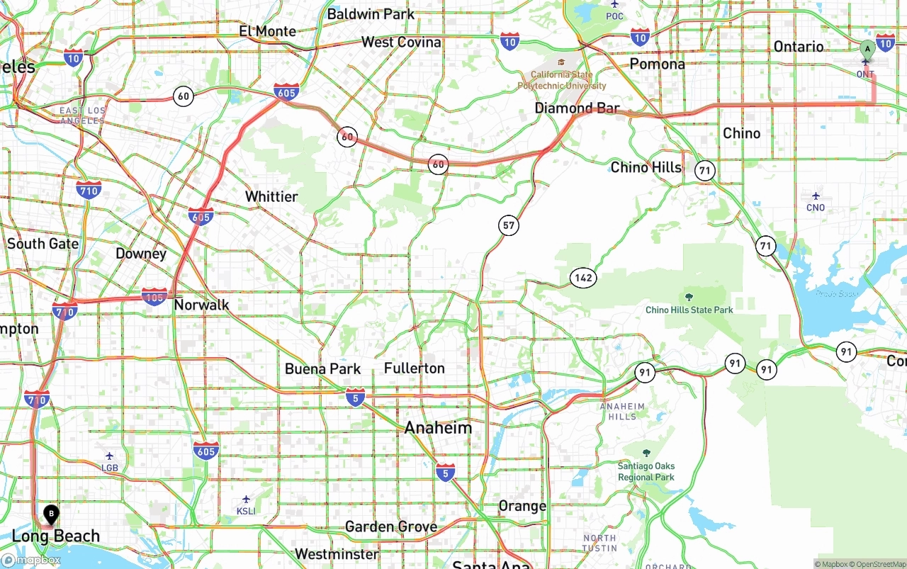 Shipping route from Ontario International Airport to Long Beach