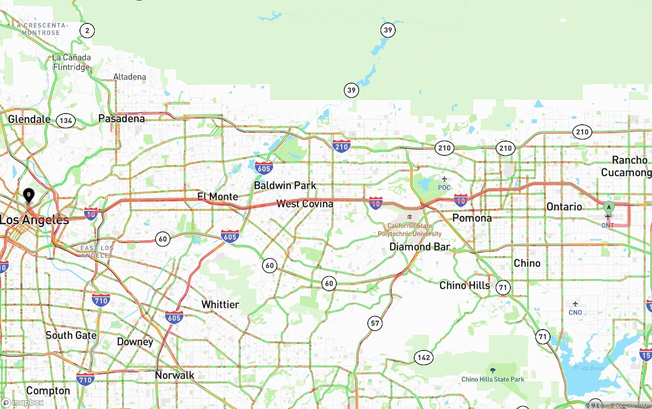 Shipping route from Ontario International Airport to Los Angeles