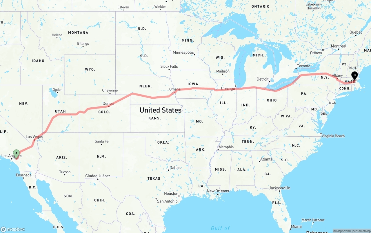 Shipping route from Ontario International Airport to Massachusetts