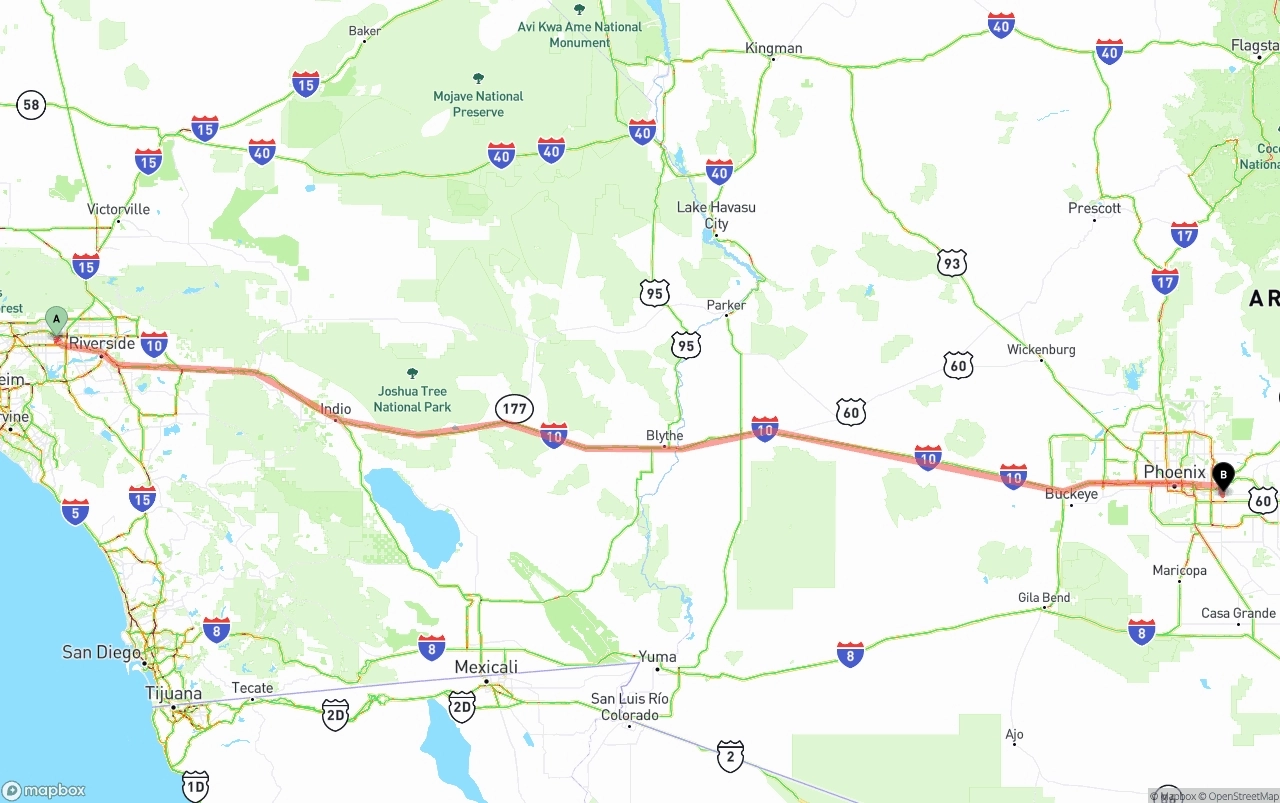 Shipping route from Ontario International Airport to Mesa
