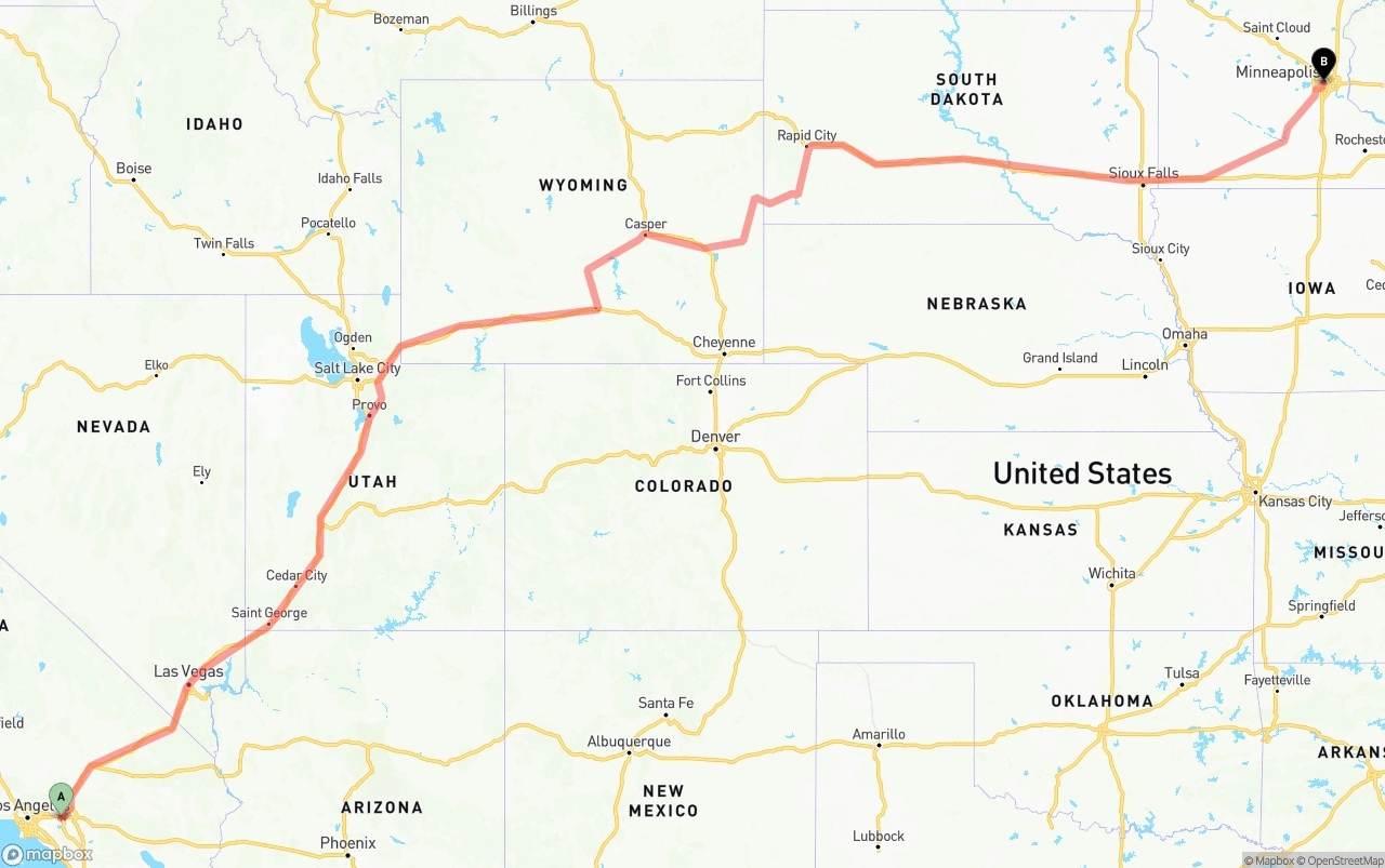 Shipping route from Ontario International Airport to Minneapolis