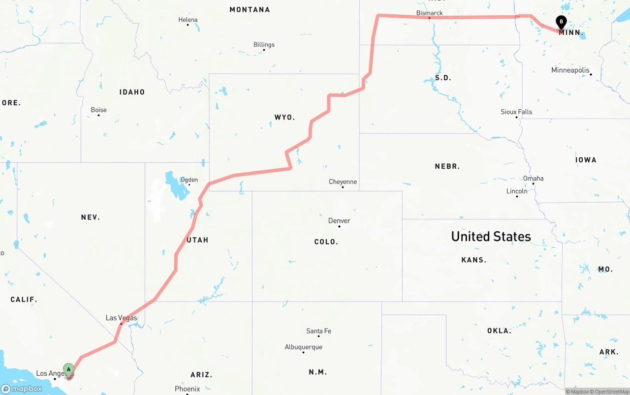 Shipping route from Ontario International Airport to Minnesota