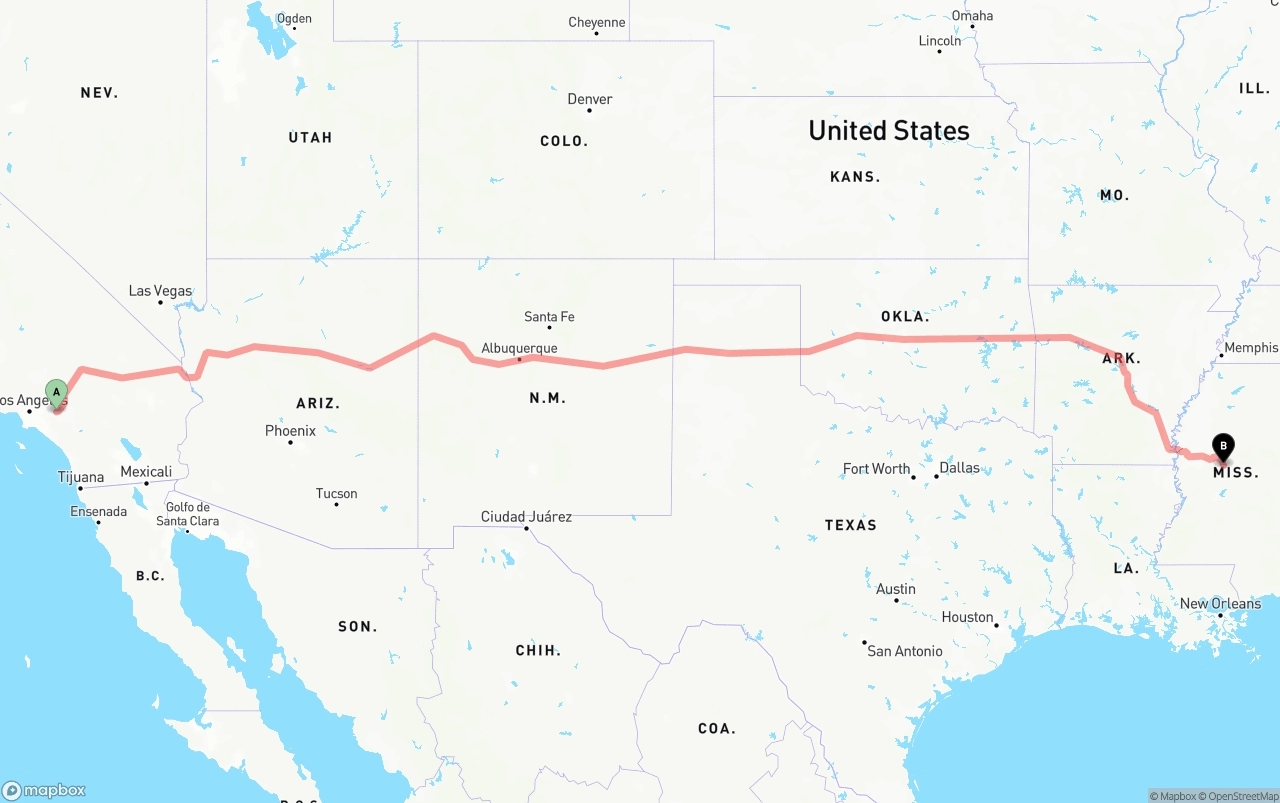 Shipping route from Ontario International Airport to Mississippi