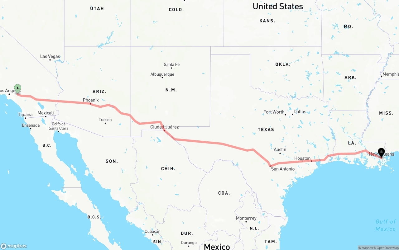 Shipping route from Ontario International Airport to New Orleans