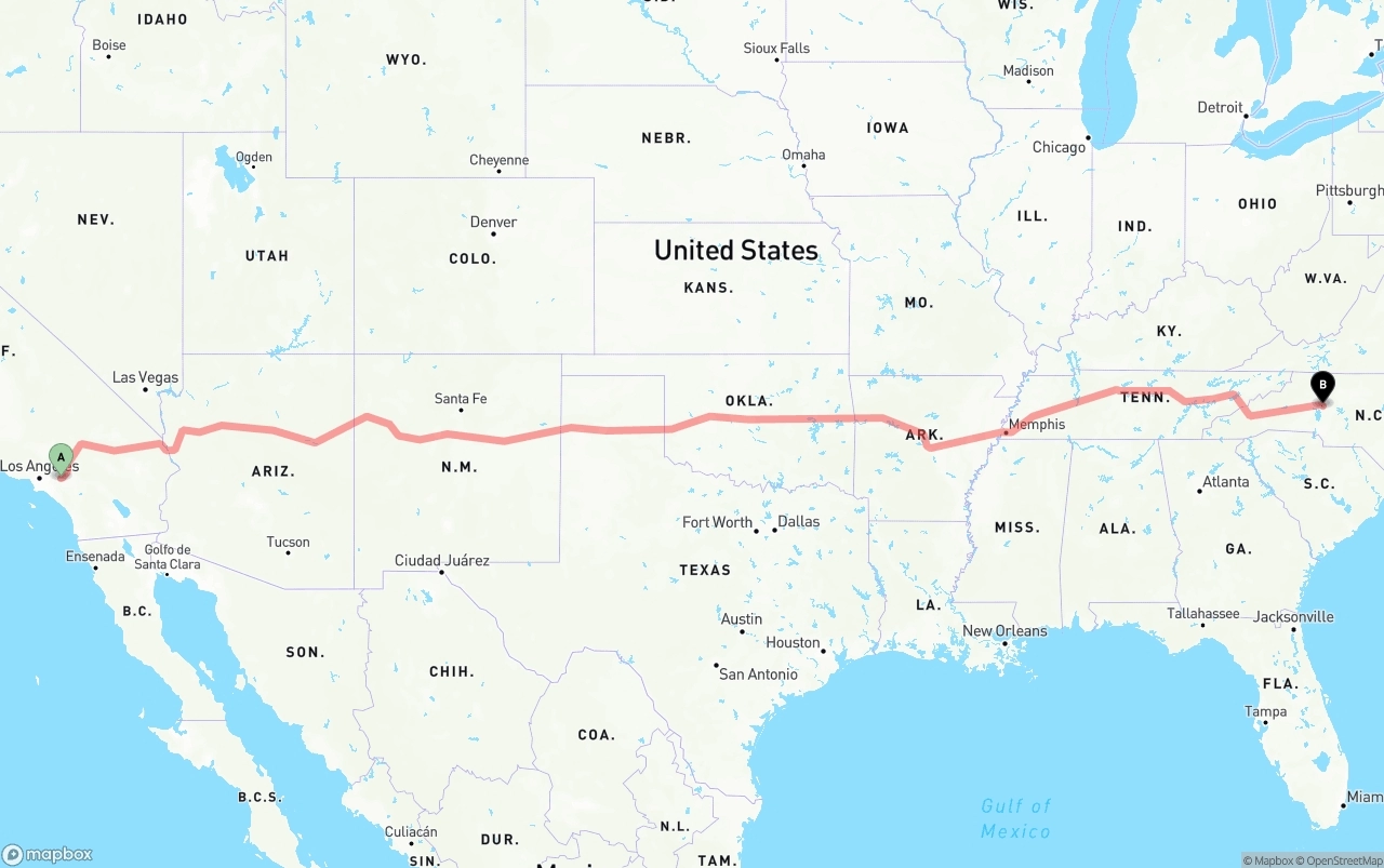 Shipping route from Ontario International Airport to North Carolina