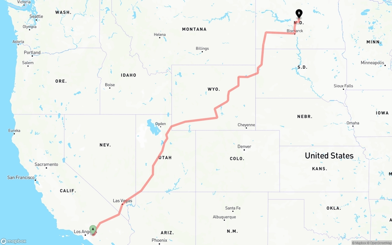 Shipping route from Ontario International Airport to North Dakota