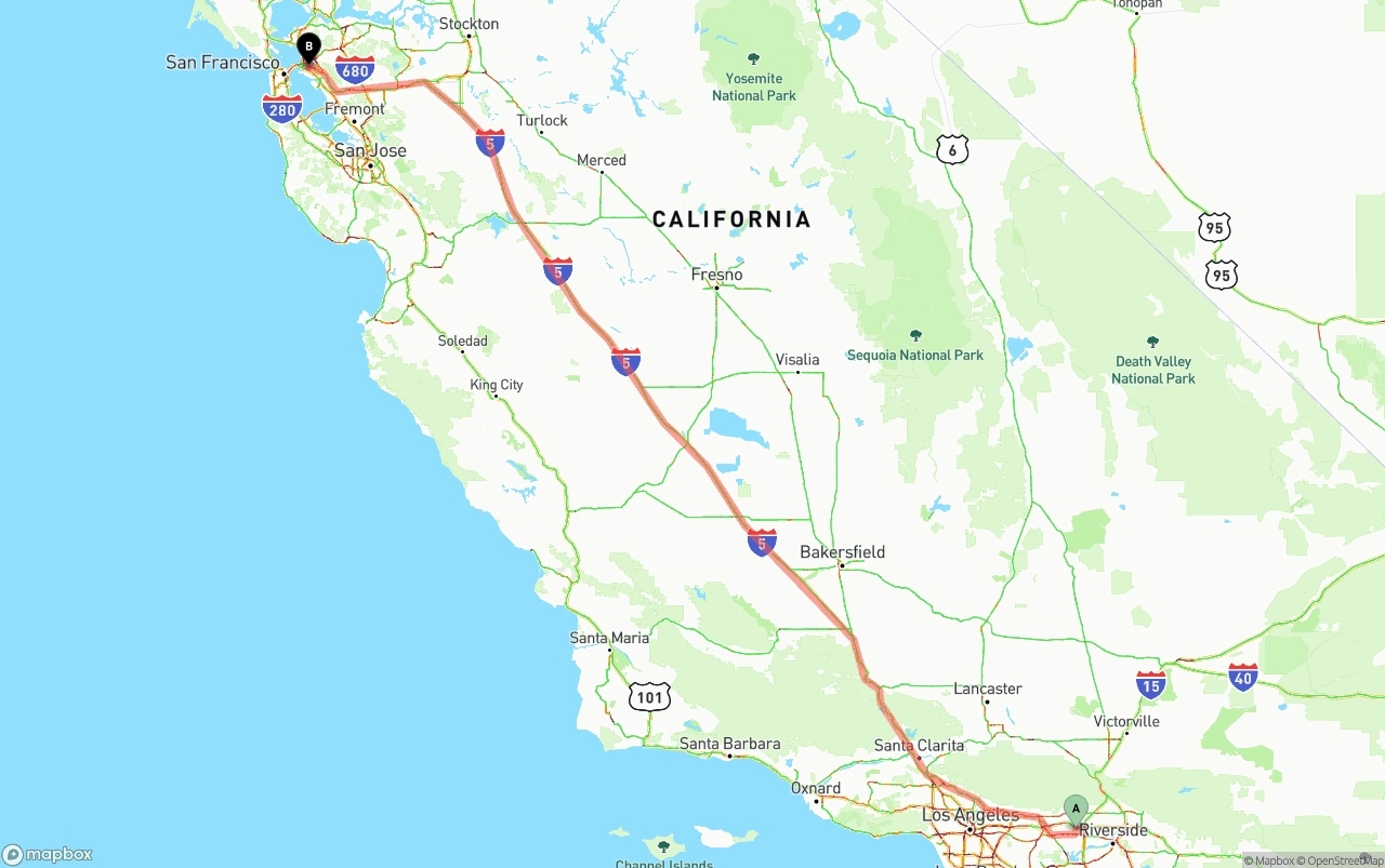 Shipping route from Ontario International Airport to Oakland
