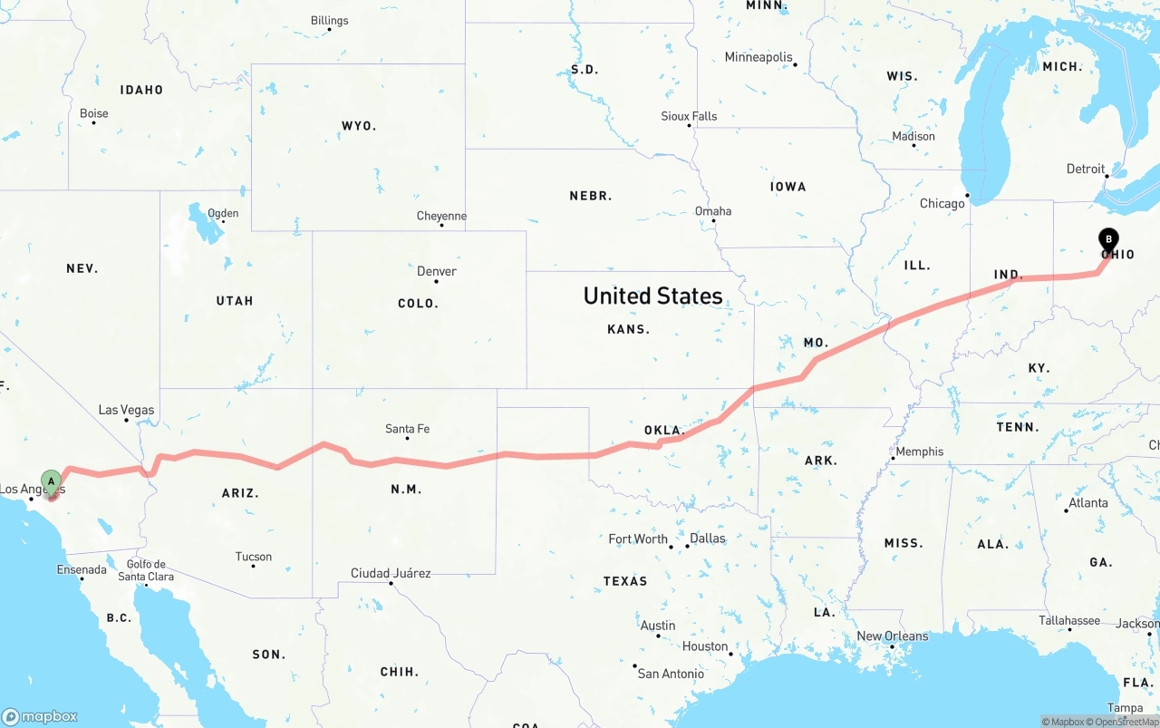 Shipping route from Ontario International Airport to Ohio