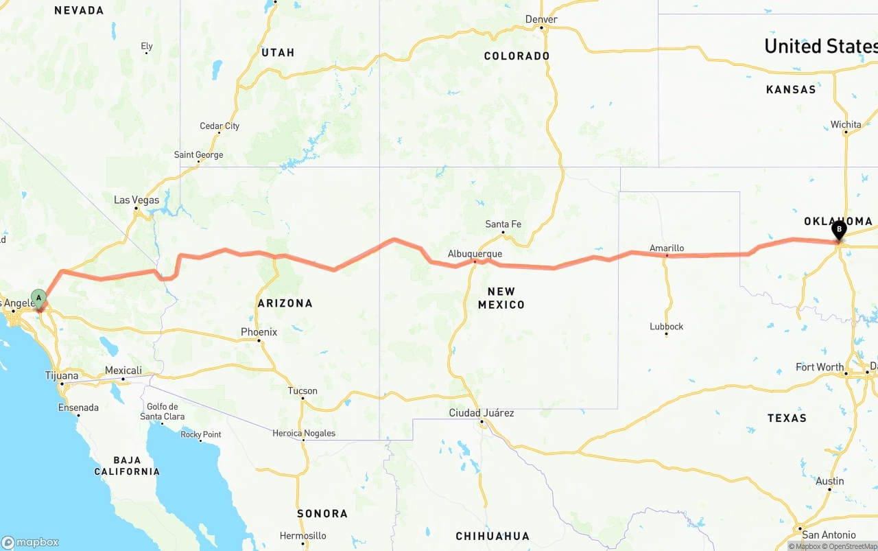 Shipping route from Ontario International Airport to Oklahoma City