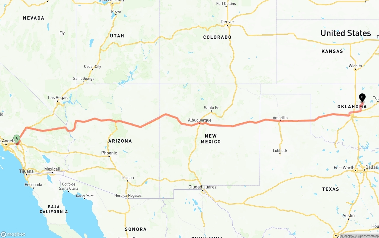 Shipping route from Ontario International Airport to Oklahoma
