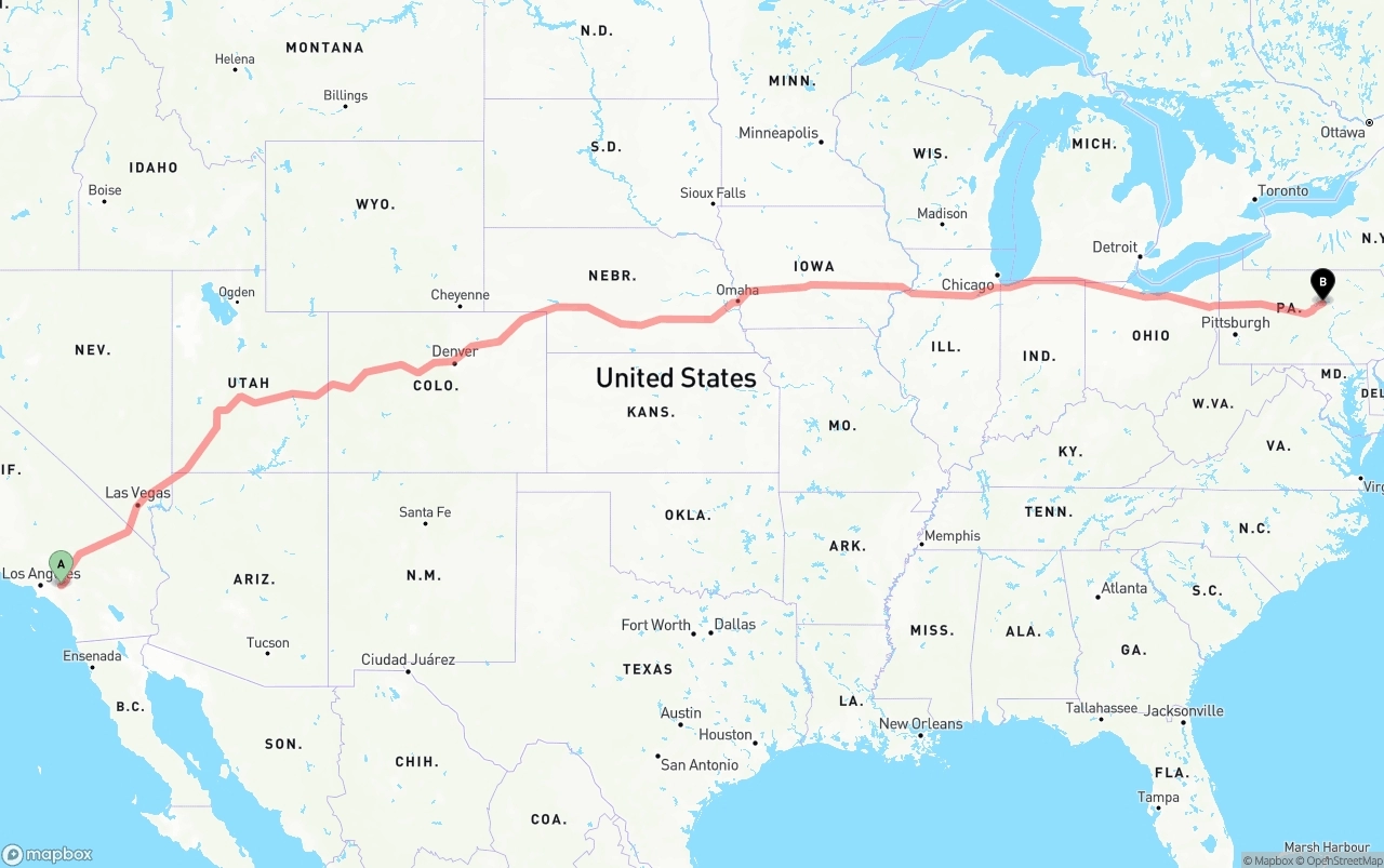 Shipping route from Ontario International Airport to Pennsylvania