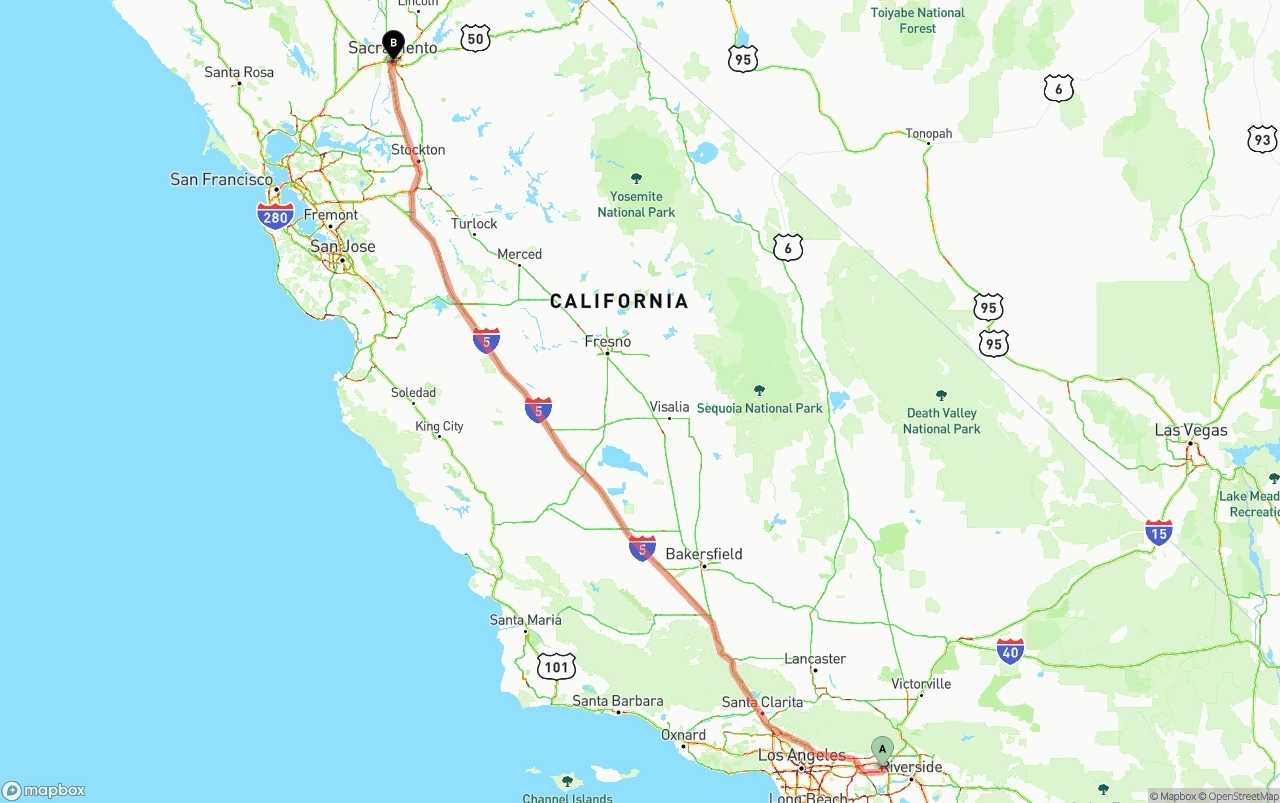 Shipping route from Ontario International Airport to Sacramento