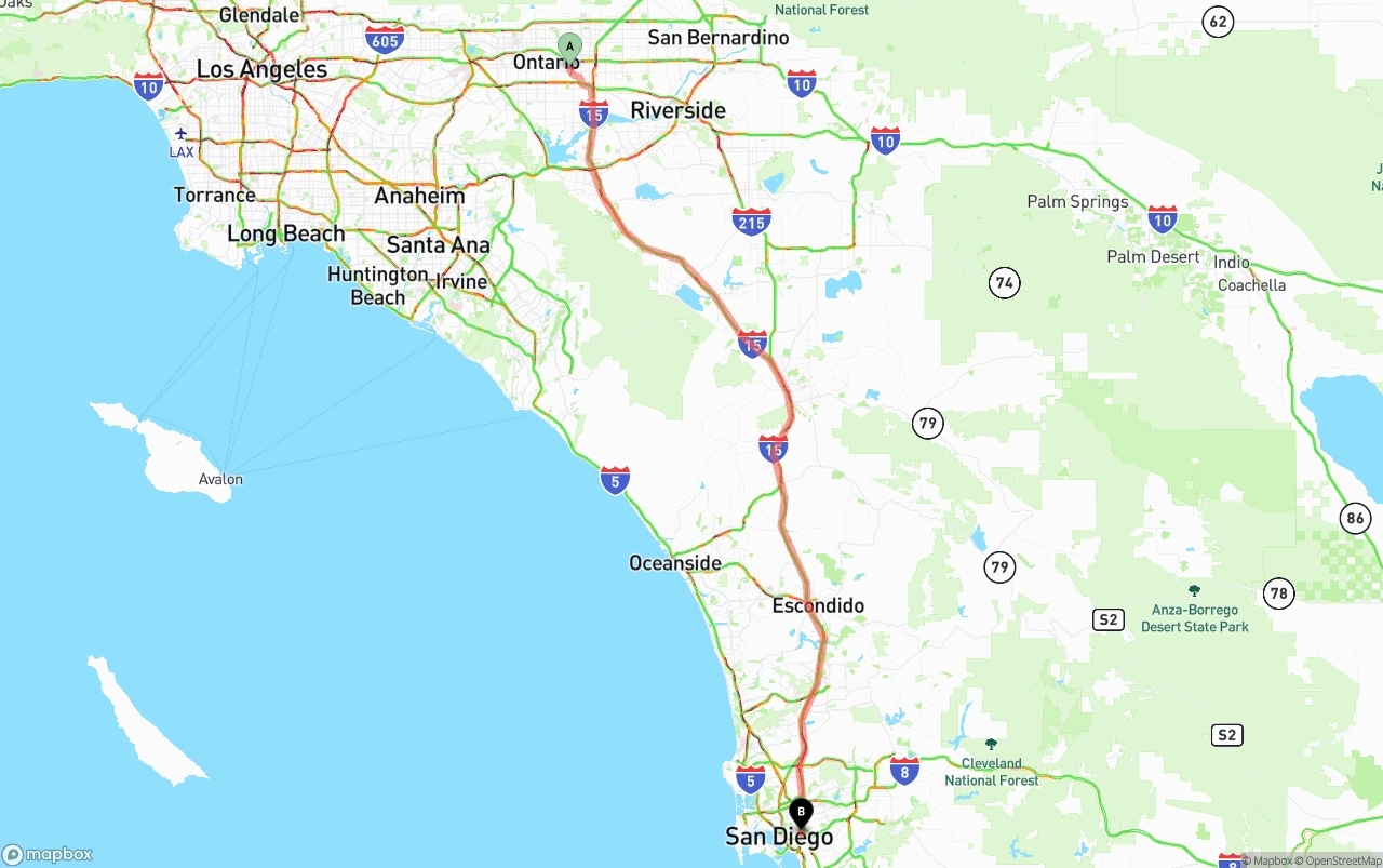 Shipping route from Ontario International Airport to San Diego