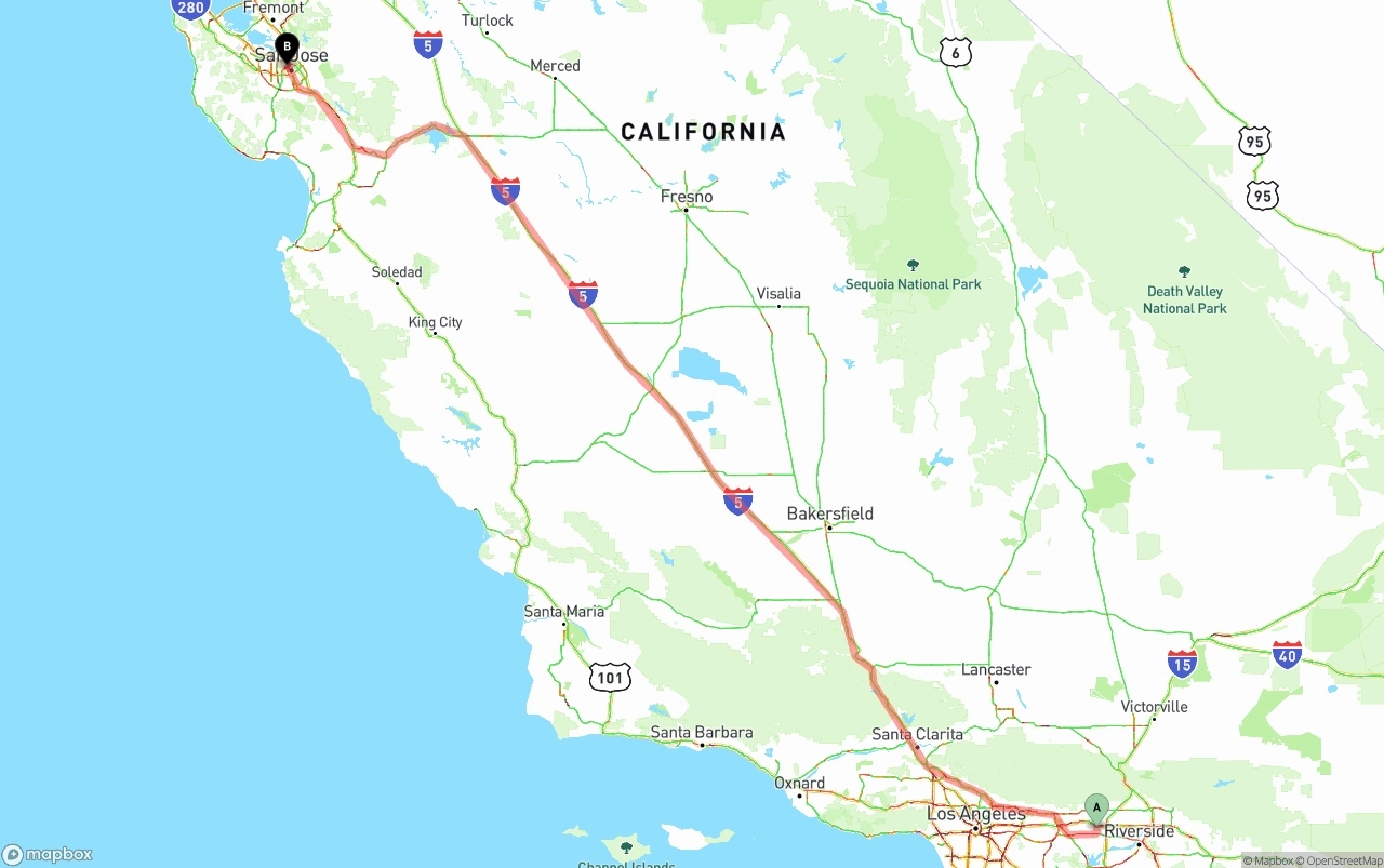 Shipping route from Ontario International Airport to San Jose