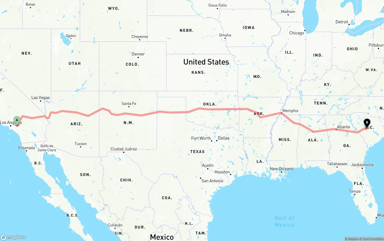 Shipping route from Ontario International Airport to South Carolina