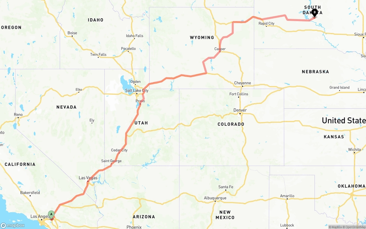 Shipping route from Ontario International Airport to South Dakota