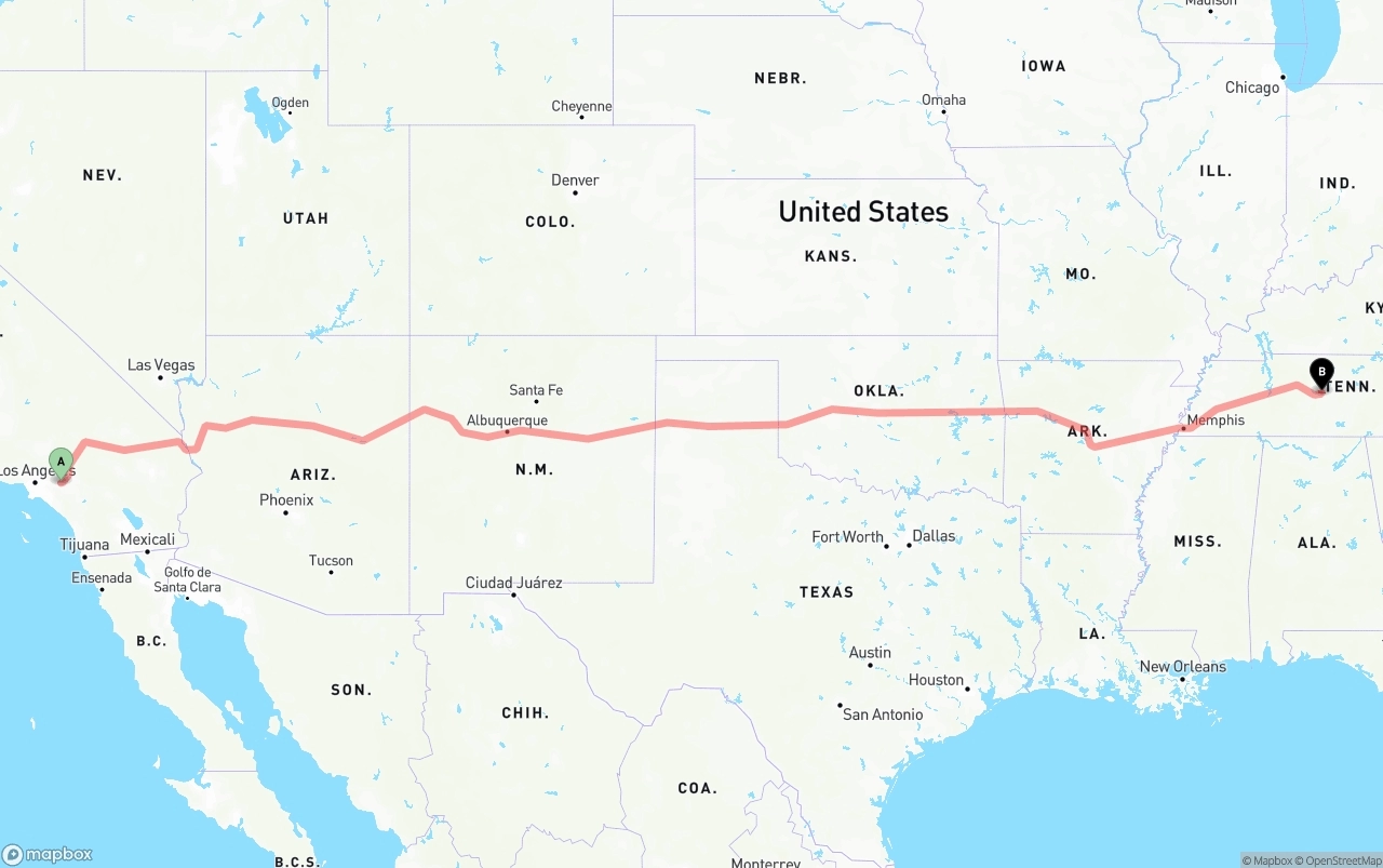 Shipping route from Ontario International Airport to Tennessee