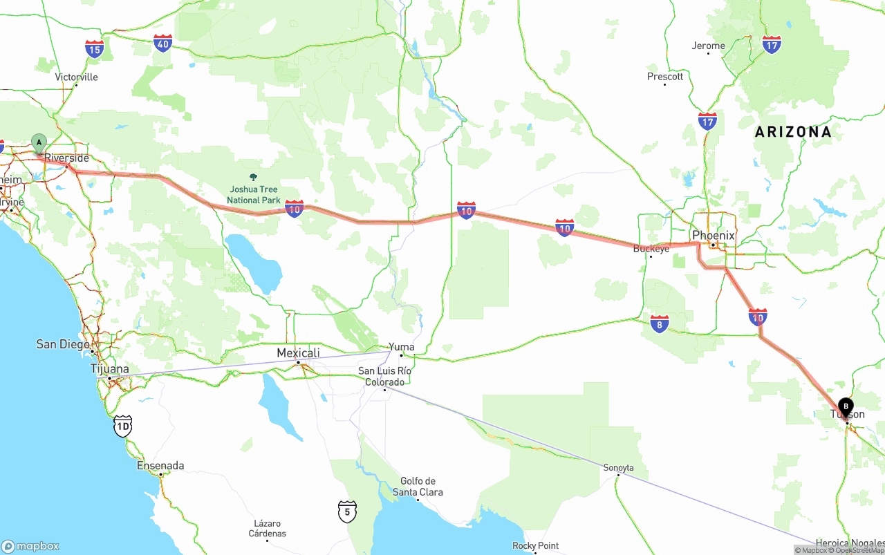 Shipping route from Ontario International Airport to Tucson