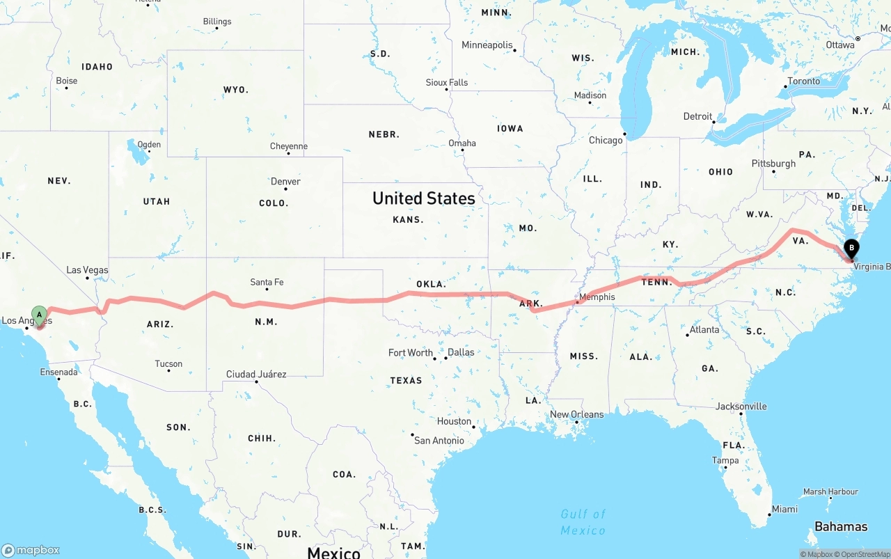 Shipping route from Ontario International Airport to Virginia Beach