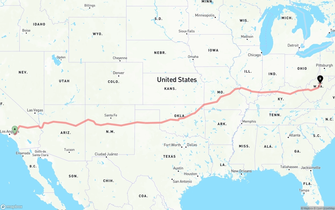 Shipping route from Ontario International Airport to West Virginia