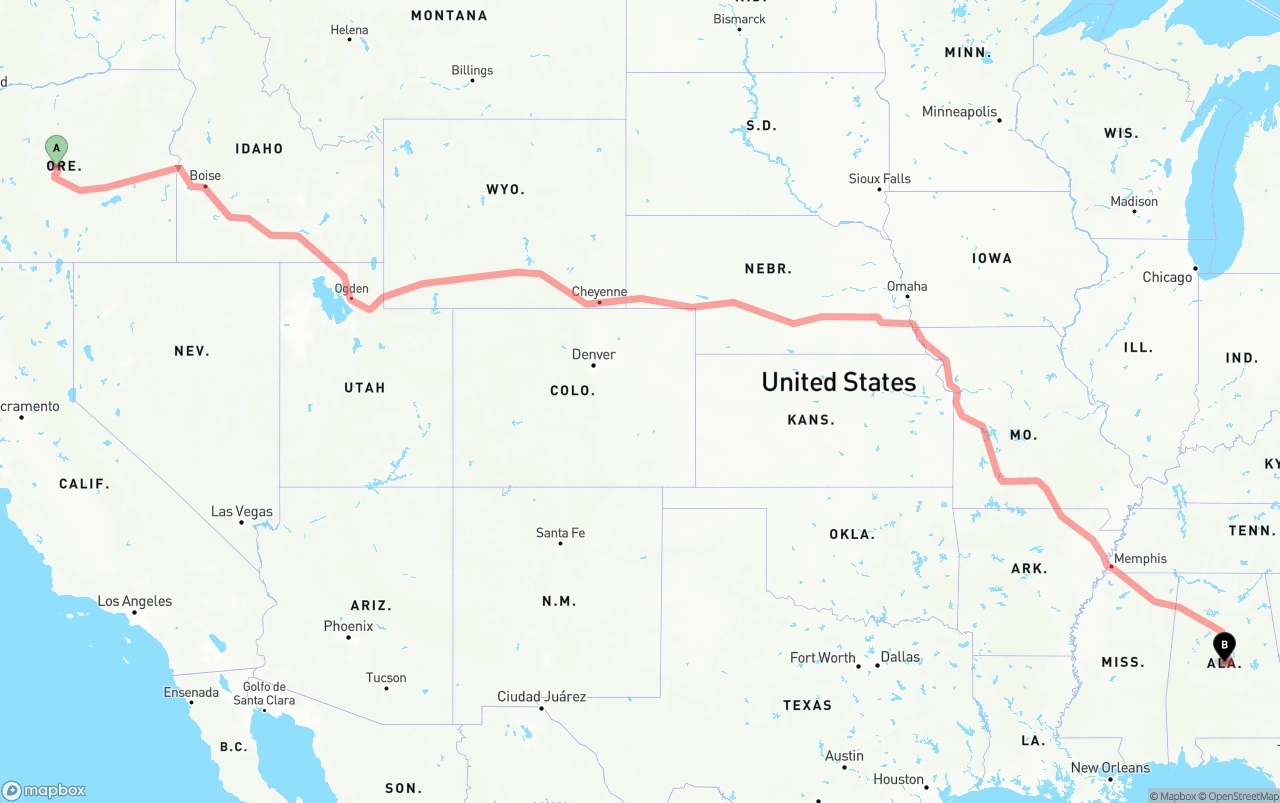 Shipping route from Oregon to Alabama