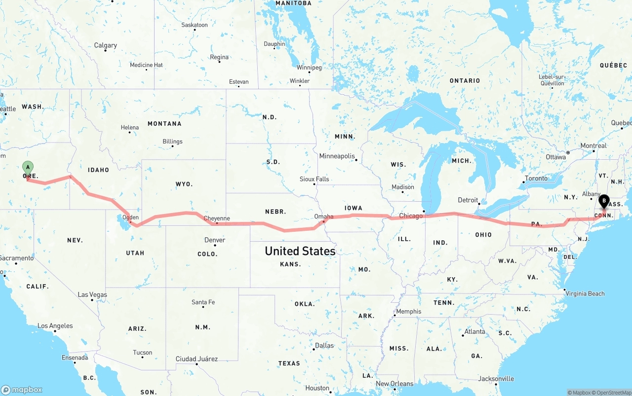 Shipping route from Oregon to Bradley International Airport