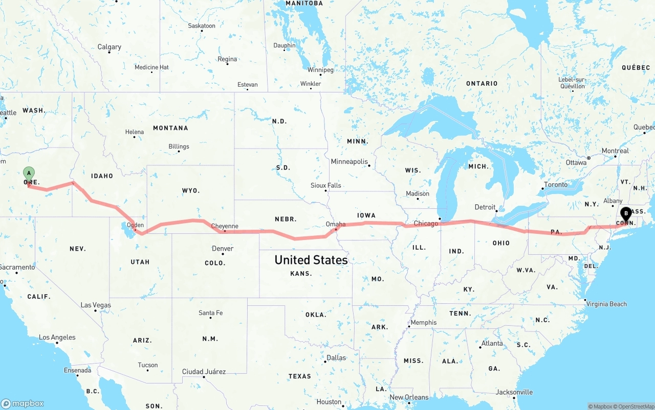 Shipping route from Oregon to Connecticut