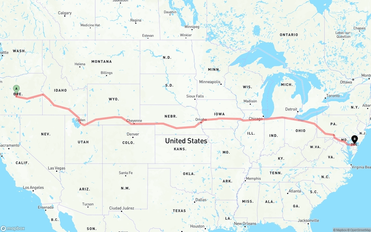Shipping route from Oregon to Delaware