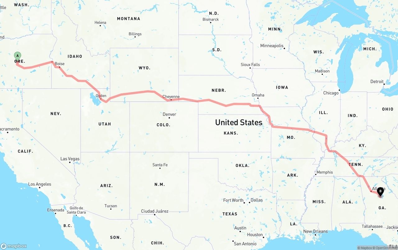 Shipping route from Oregon to Georgia