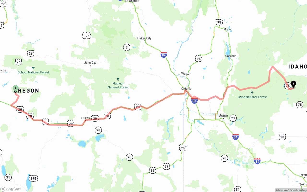 Shipping route from Oregon to Idaho