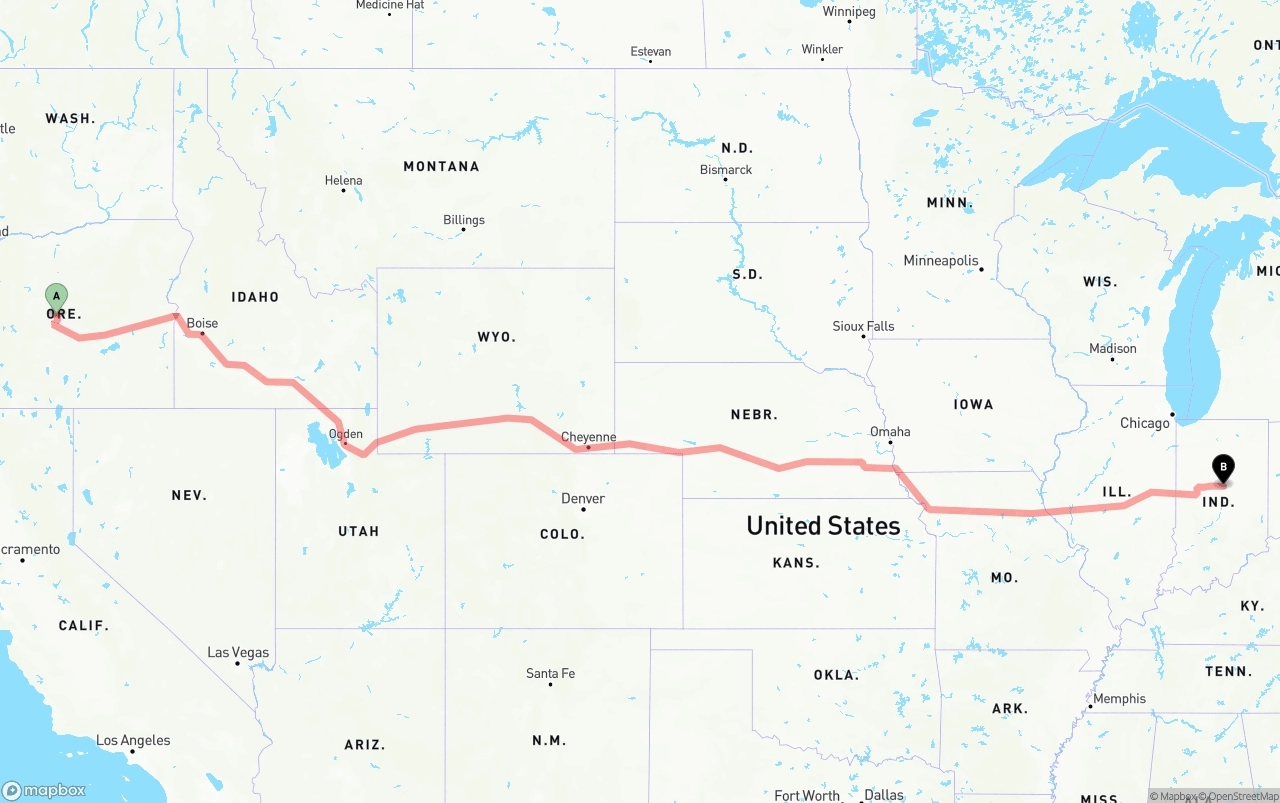 Shipping route from Oregon to Indiana