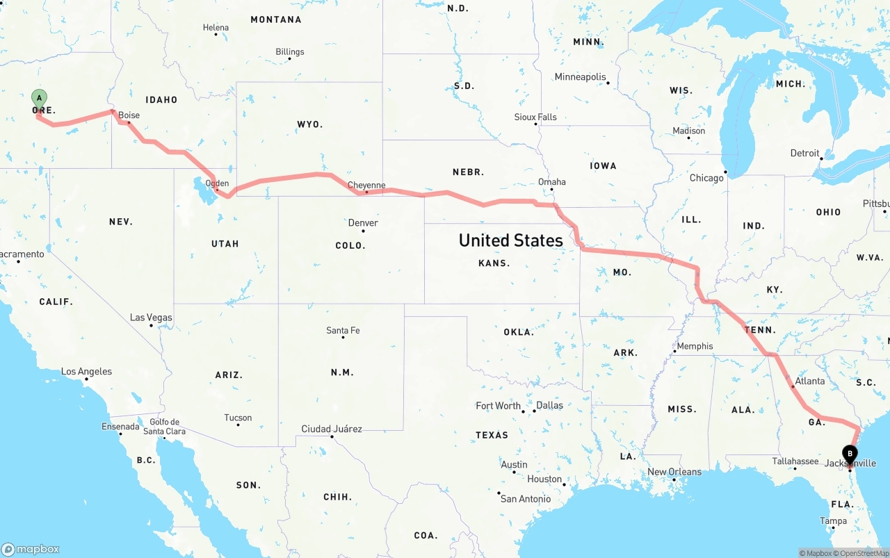 Shipping route from Oregon to Jacksonville International Airport