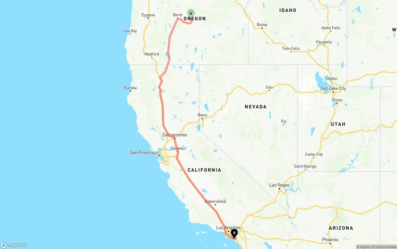 Shipping route from Oregon to John Wayne Airport — Orange County