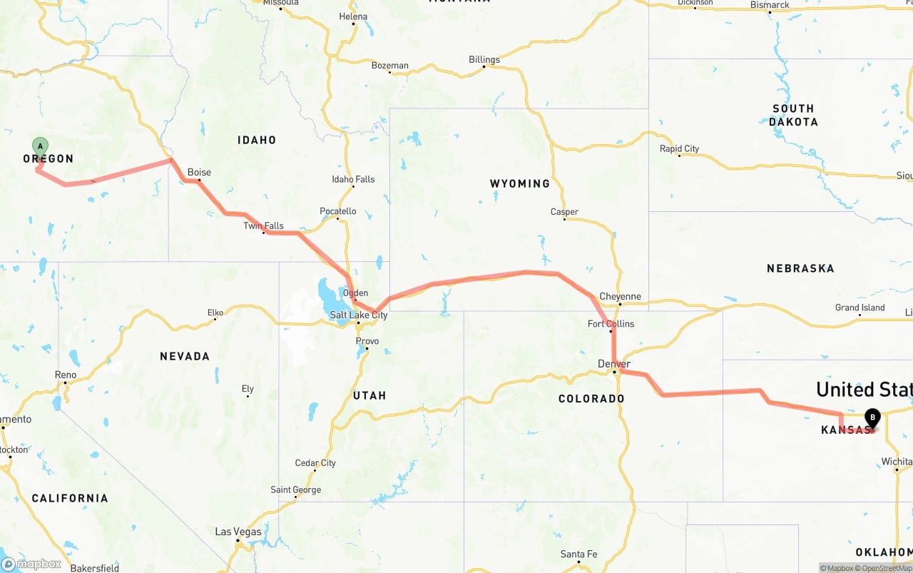 Shipping route from Oregon to Kansas