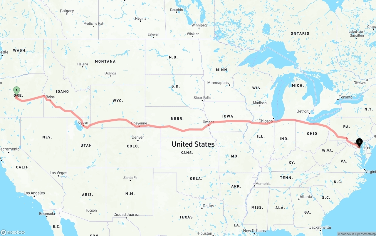 Shipping route from Oregon to Maryland
