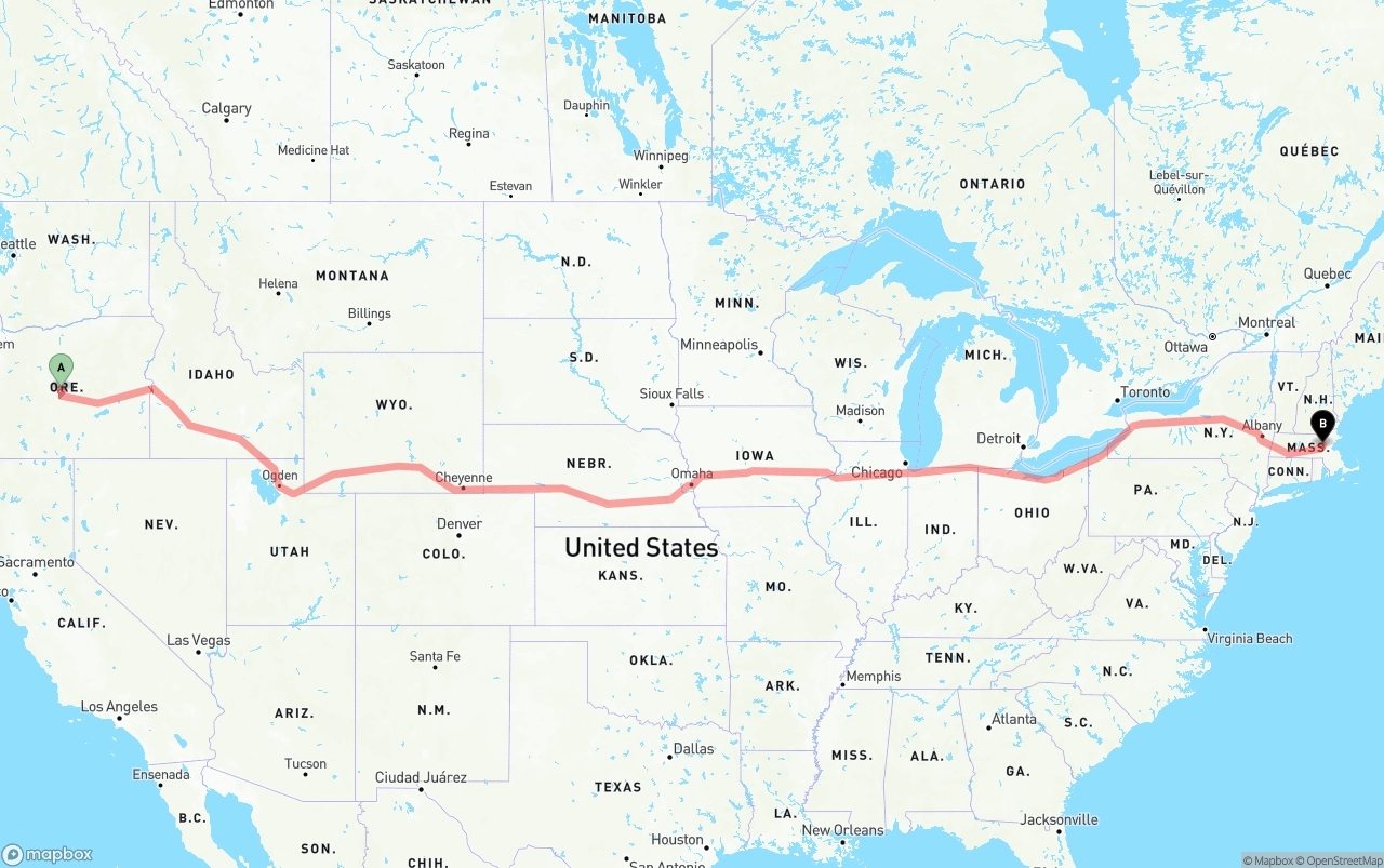 Shipping route from Oregon to Massachusetts