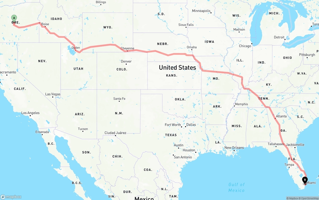 Shipping route from Oregon to Miami International Airport