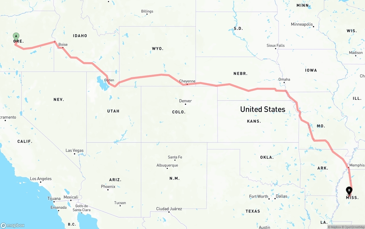 Shipping route from Oregon to Mississippi