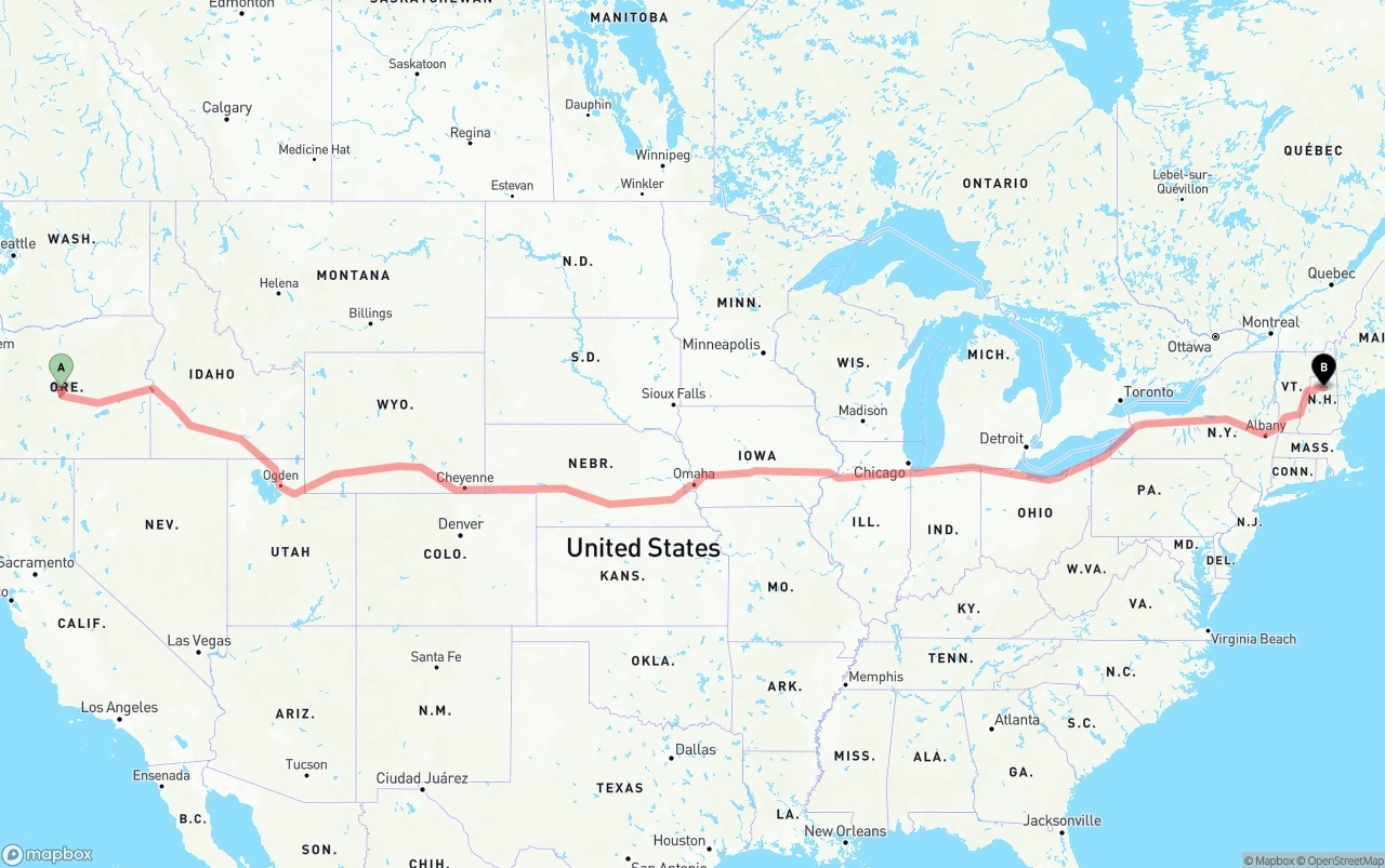 Shipping route from Oregon to New Hampshire