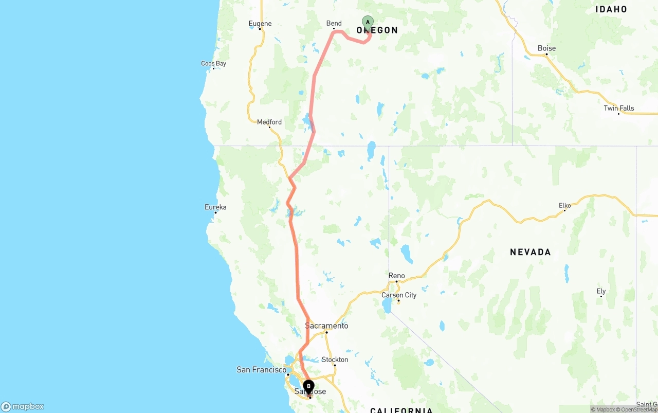 Shipping route from Oregon to Norman Y. Mineta San Jose International Airport
