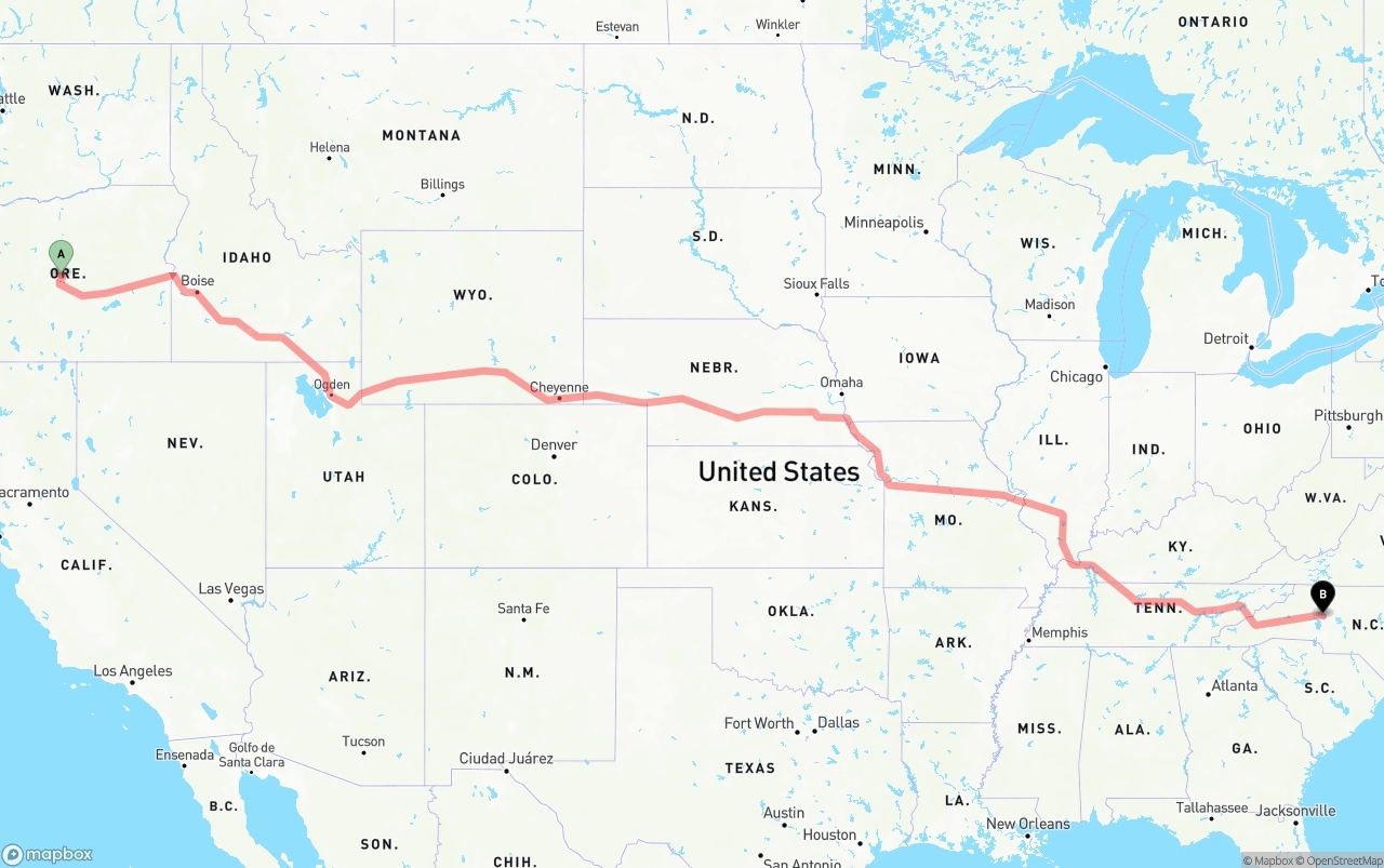 Shipping route from Oregon to North Carolina