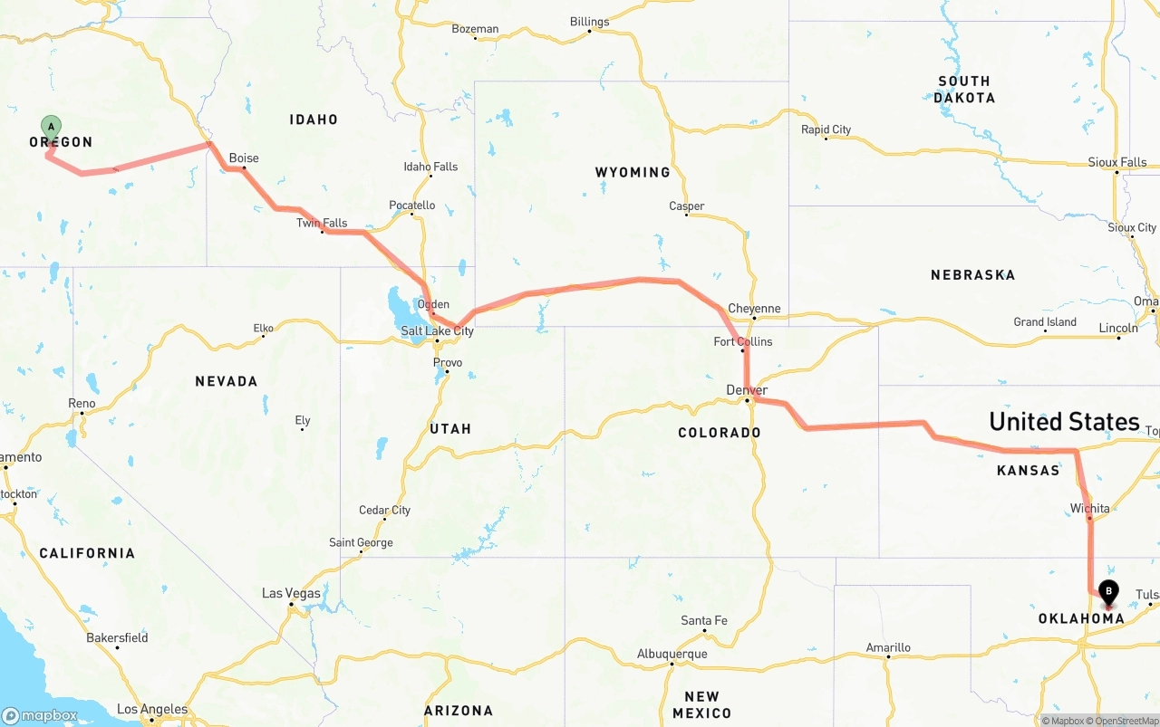 Shipping route from Oregon to Oklahoma