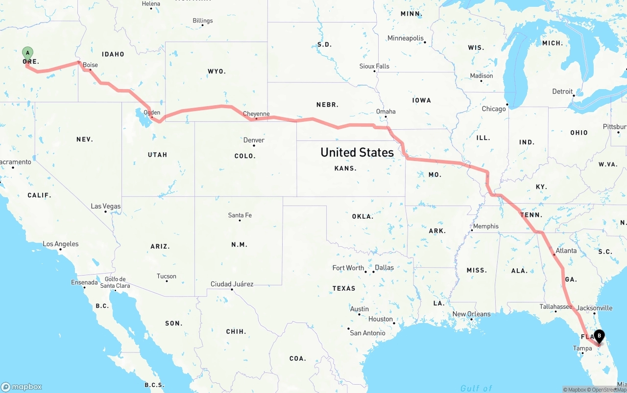 Shipping route from Oregon to Orlando International Airport
