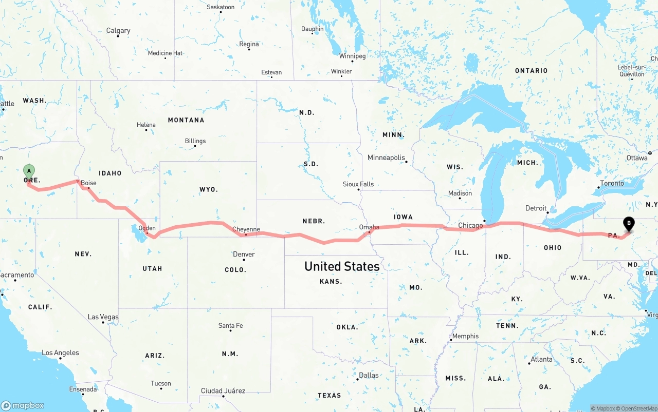 Shipping route from Oregon to Pennsylvania