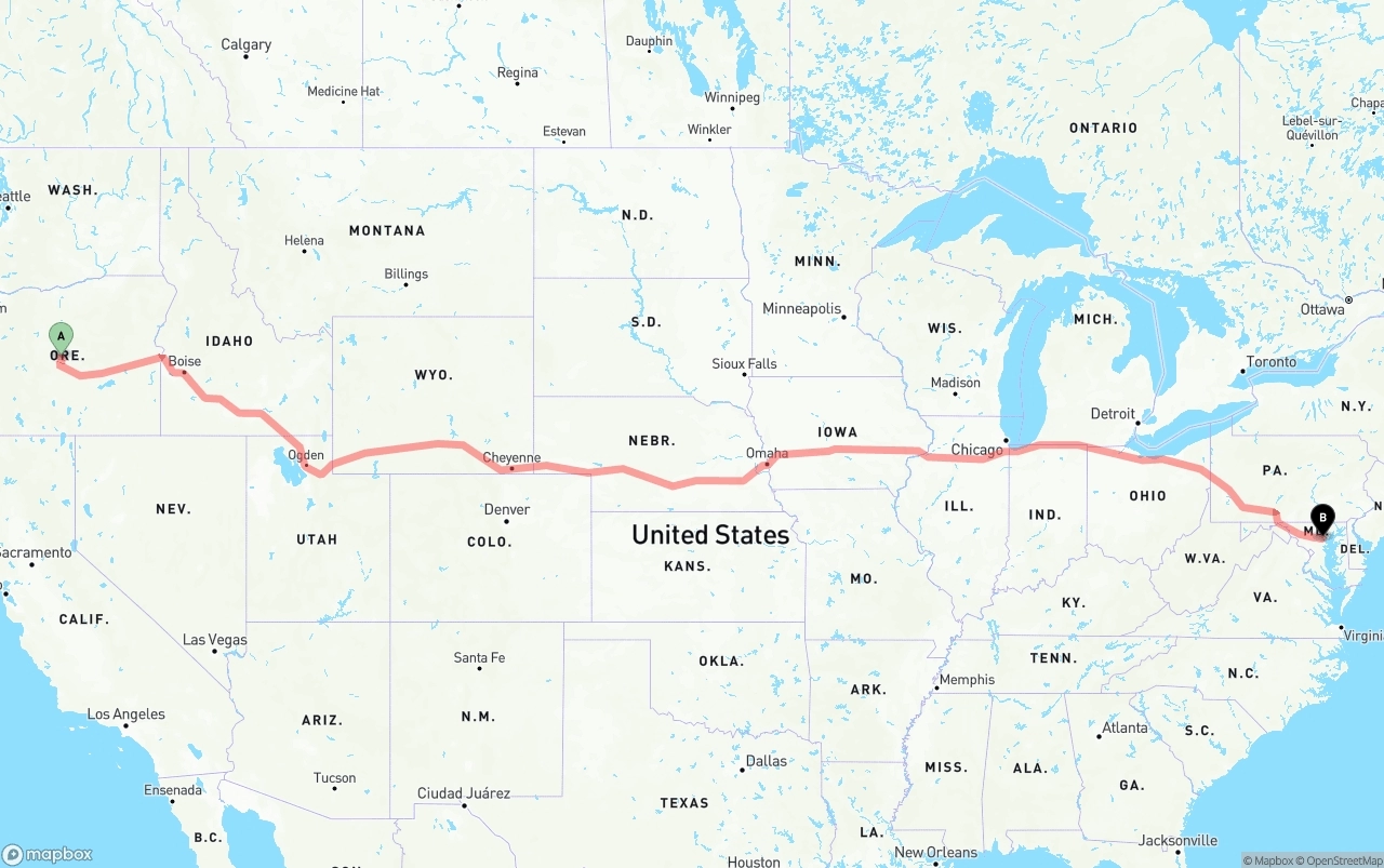 Shipping route from Oregon to Port of Baltimore