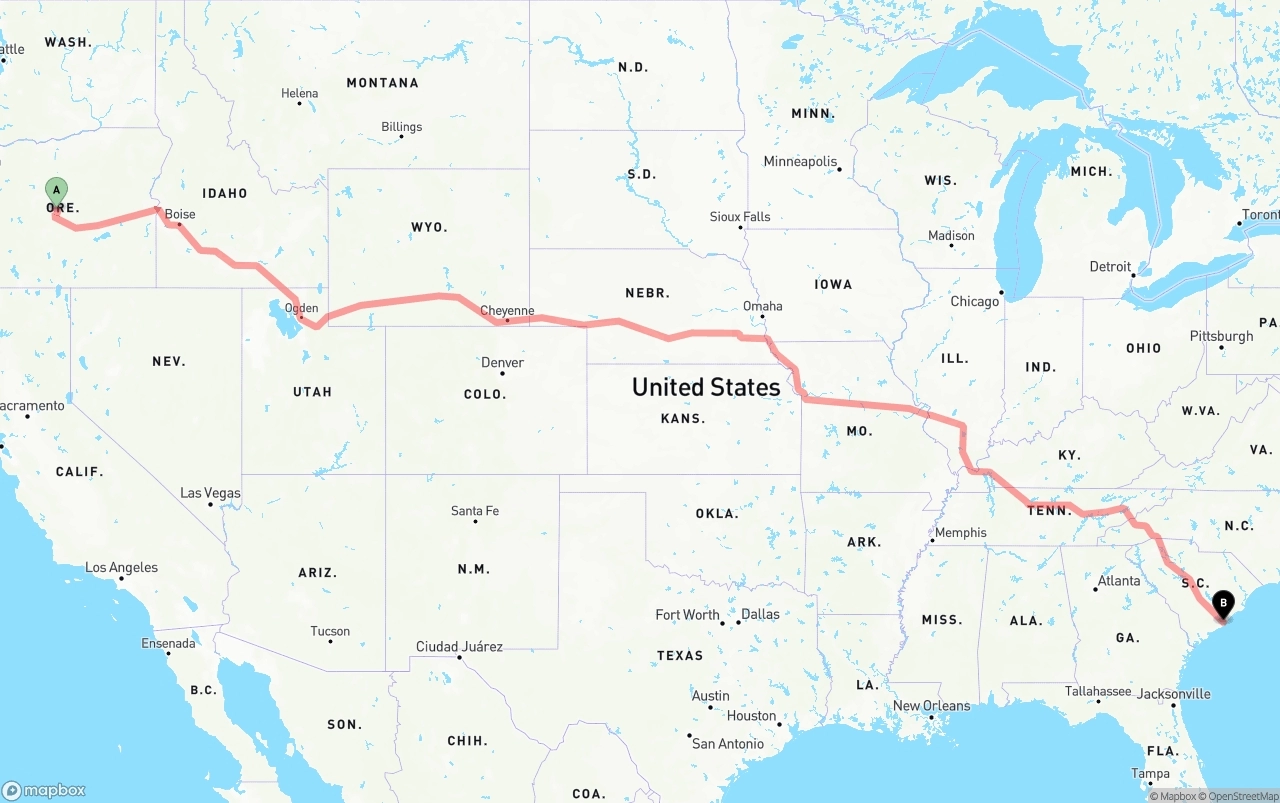 Shipping route from Oregon to Port of Charleston