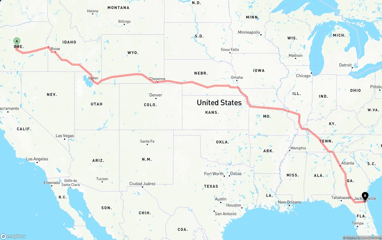 Shipping route from Oregon to Port of Jacksonville