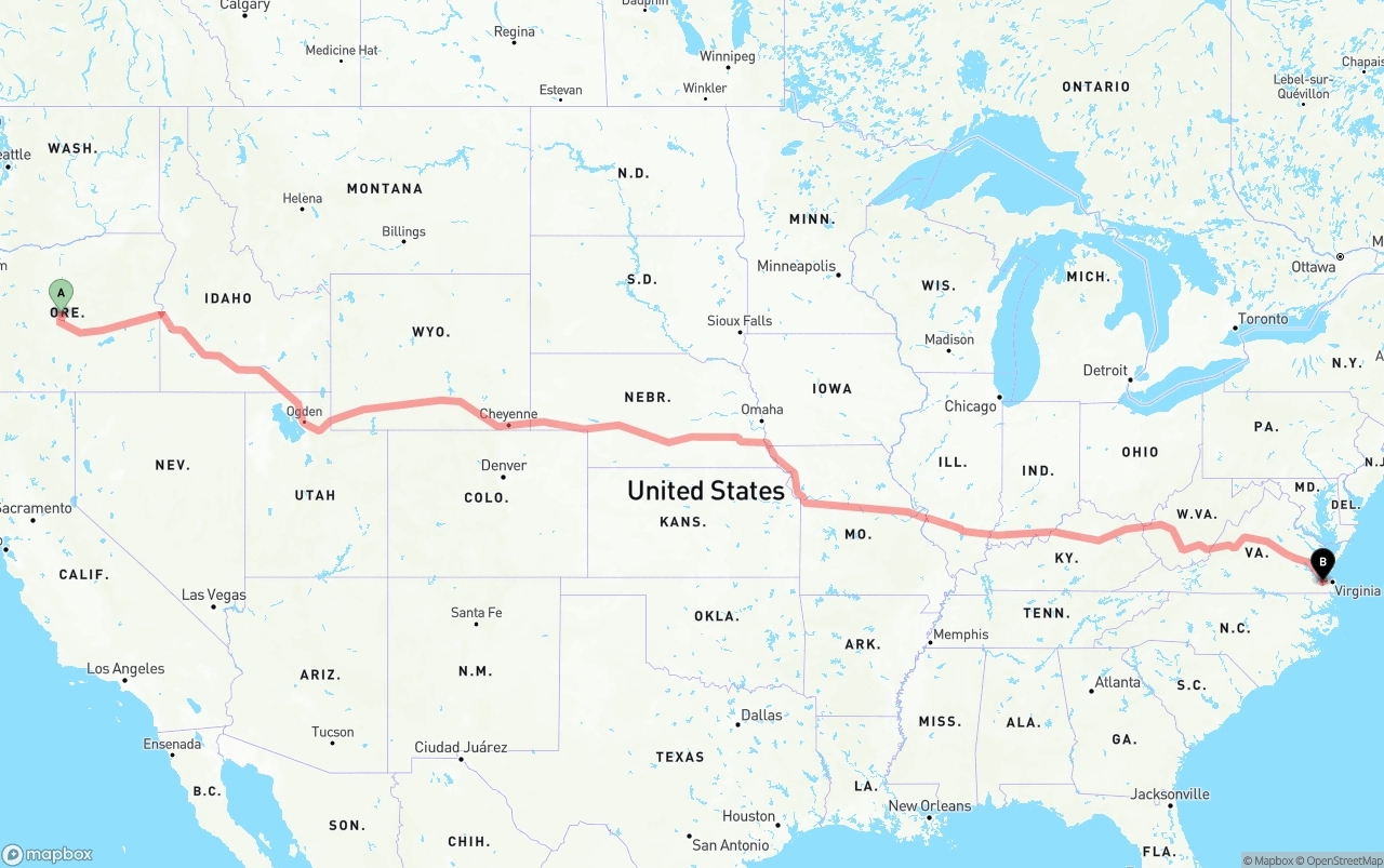 Shipping route from Oregon to Port of Norfolk